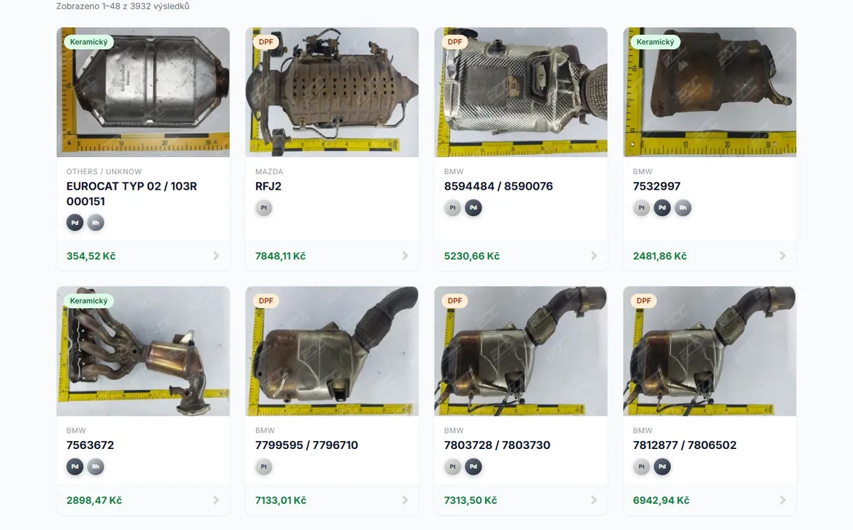 Katalog vykupkatalyzatoru.com – výpis katalyzátorů s fotkou, kódem, obsahem kovů a cenou v Kč